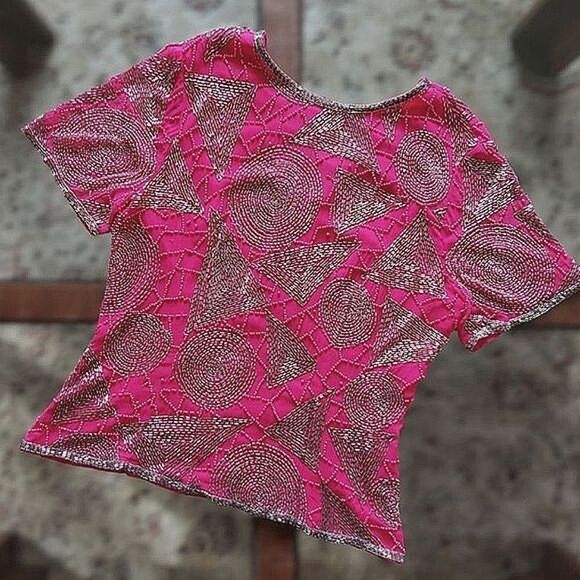 Vtg fuschia beaded silk half sleeve boat neck V back blouse - Picture 3 of 16